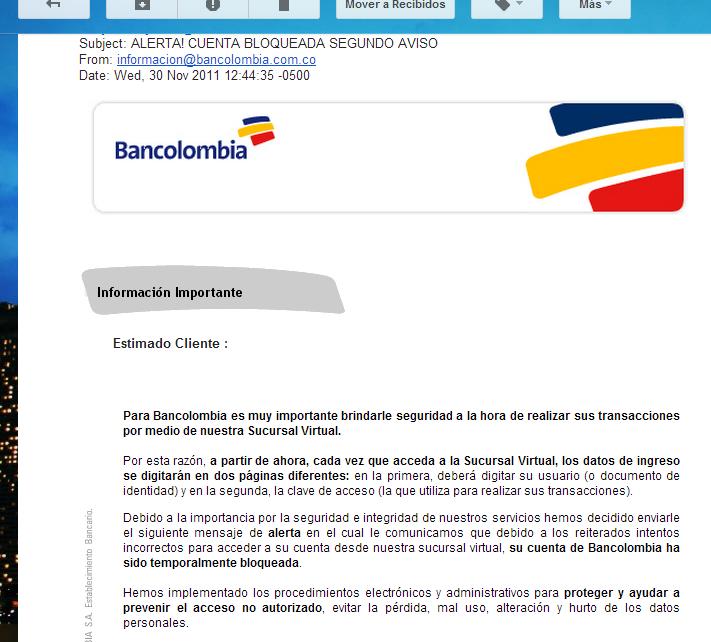 Correo Electrónico de Bancolombia, Phishing, No Se Deje Engañar