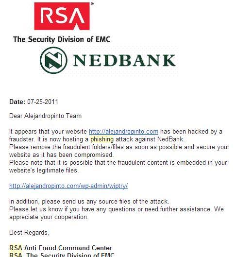 Mensaje de RSA (The Security Division of EMC), defendiendo su cliente RedBank